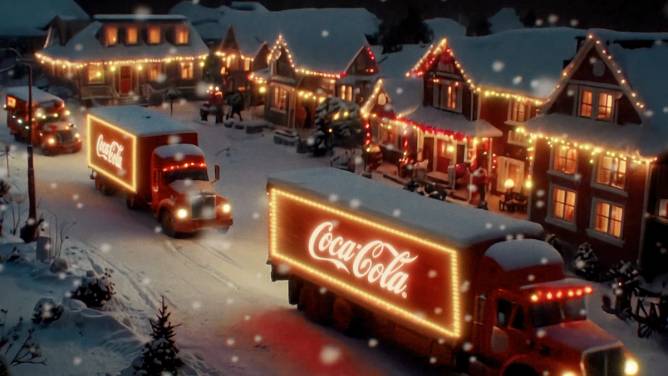 Three trucks with the Coca-Cola logo in a snow covered neighborhood decorated with Christmas lights.