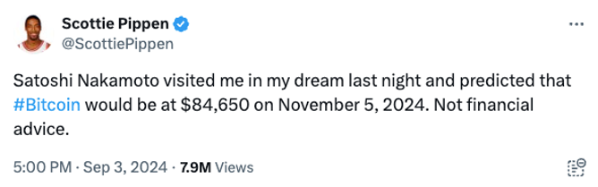 A tweet from Scottie Pippen about the price of bitcoin