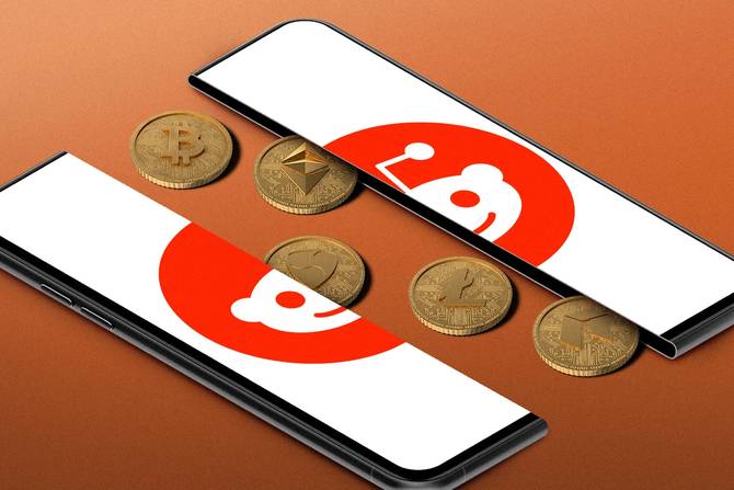 the Reddit logo on a phone split down the middle with crypto coins coming out of it