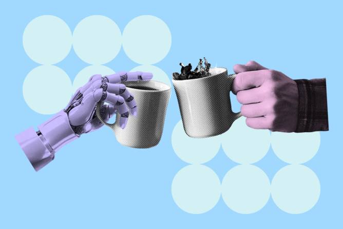 AI hand and human hand with coffee cups.