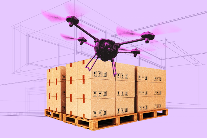 A delivery drone flying through a retail warehouse