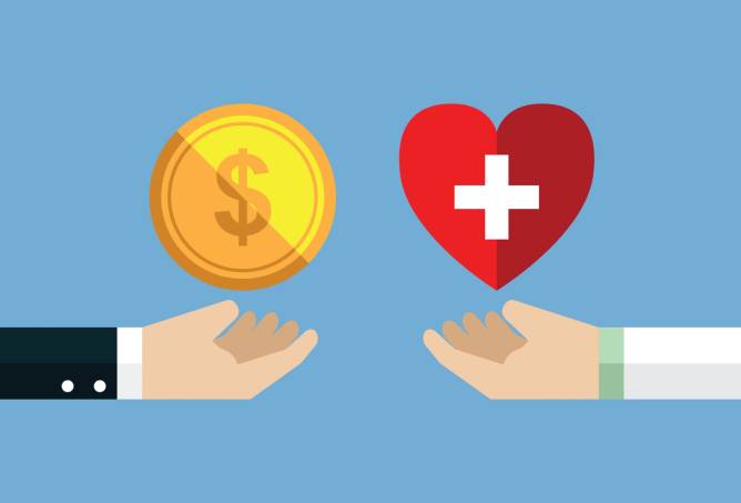 Illustration of an open hand with a coin on the left and an open hand in a doctor's white coat with a heart that has a cross in the middle