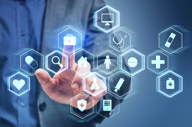 Fingers point to icons displaying healthcare symbols.