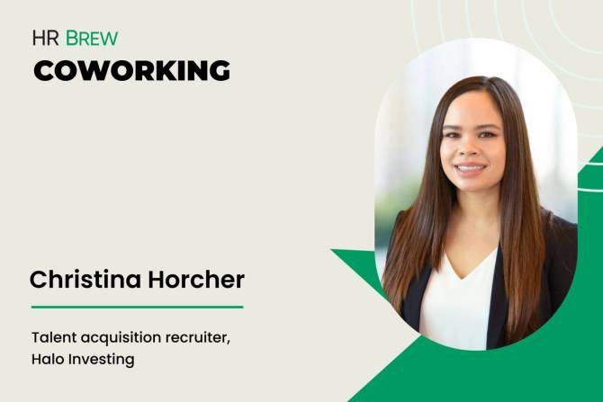 Image of a headshot of a woman smiling on a graphic card that says hr brew coworking christina horcher talent acquisition recruiter, halo investing