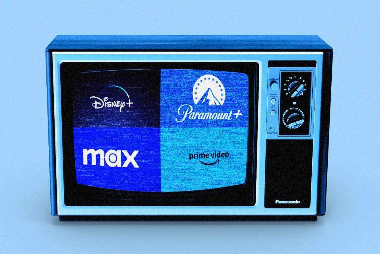 A blue TV with blue pixelated logos on screen