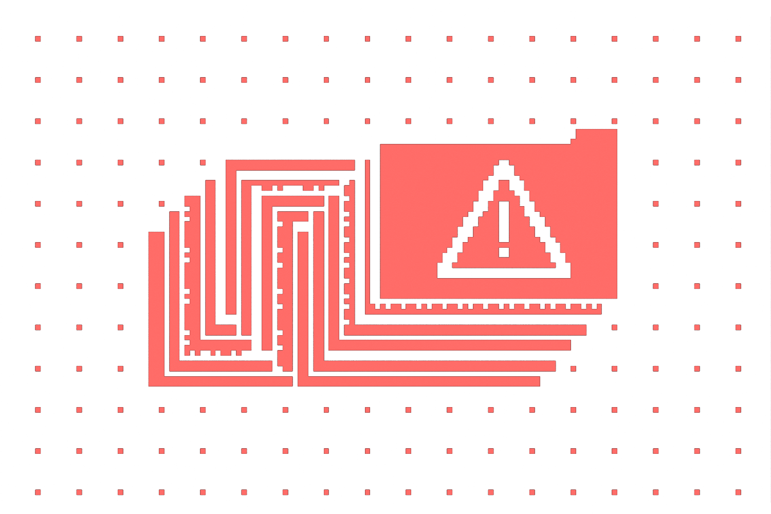 Pixel-art illustration of cascading red and white file folders with a warning triangle, depicting a system being overwhelmed by ransomware.