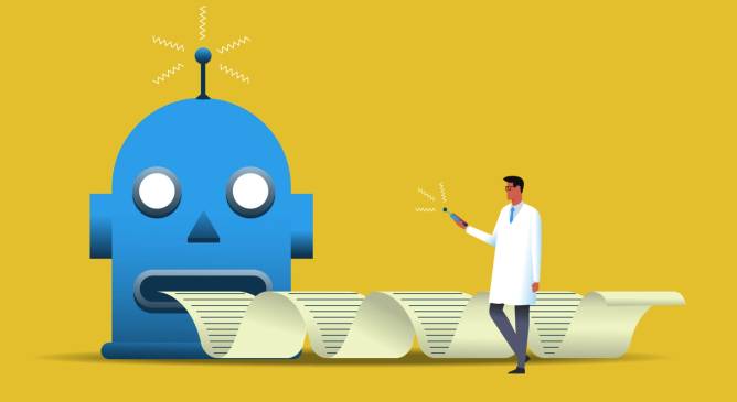 Robot head with a ream of paper coming out and a doctor walking past