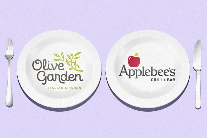 Plates with the Olive Garden and Applebee's logos