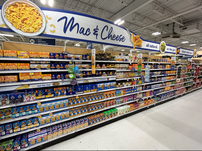 Macaroni & cheese aisle at grocery retailer