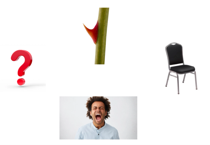 Three images of someone shouting, a thorn, and a set and one question mark