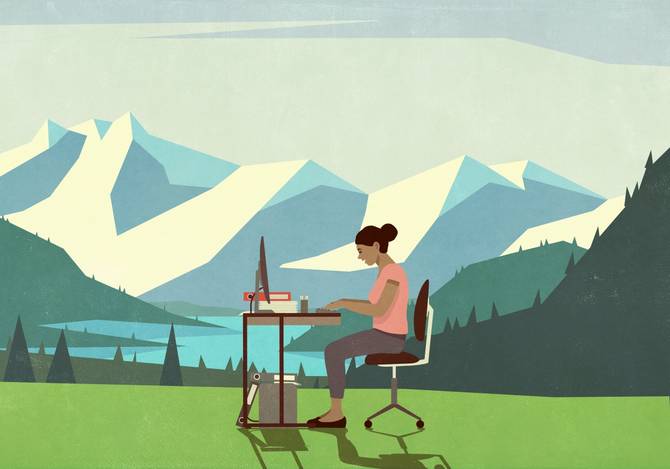 An illustration of a woman working at a desk outside in nature