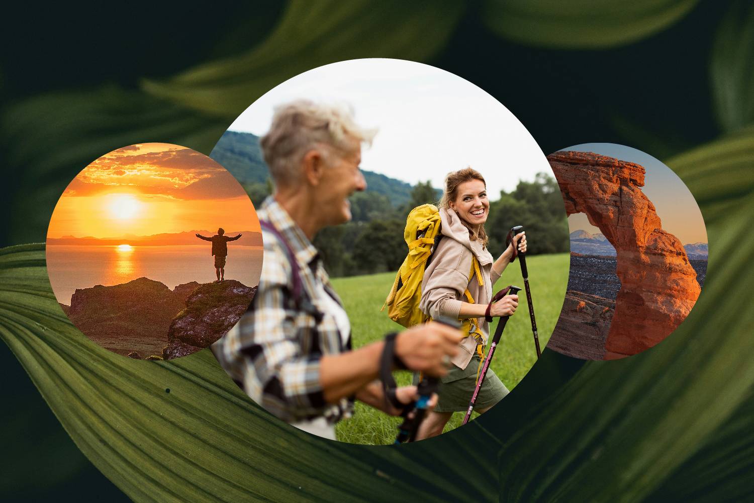 A montage of active people hiking and standing on a cliff near water during a sunset