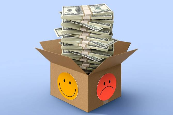 picture of a box full of money, on the box is a smiley face and a sad face