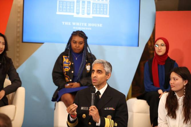 Dr. Vivek Murthy speaks on stage as MTV Entertainment hosts first ever Mental Health Youth Forum at The White House.