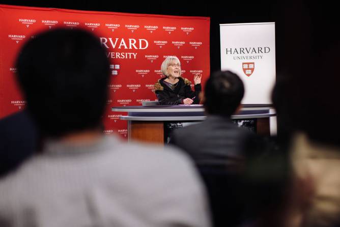 CAMBRIDGE, MASSACHUSETTS - OCTOBER 9: Claudia Goldin, the Henry Lee Professor of Economics at Harvard University, speaks at a press conference after being named this year’s Nobel Laureate in the Economic Sciences at Harvard University on October 9, 2023 in Cambridge, Massachusetts. The Royal Swedish Academy of Sciences notified her of the award earlier this morning. 