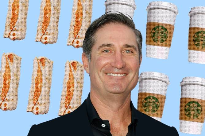 Brian Niccol in front of burritos and Starbucks cups