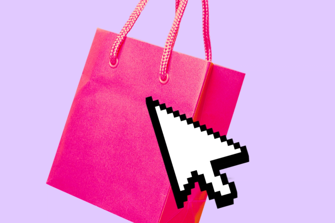 A retail shopping bag with a computer mouse hovering over it
