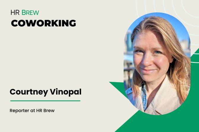 picture of Courtney Vinopal headsht on tan card that says HR brew coworking courtney vinopal reporter at HR Brew