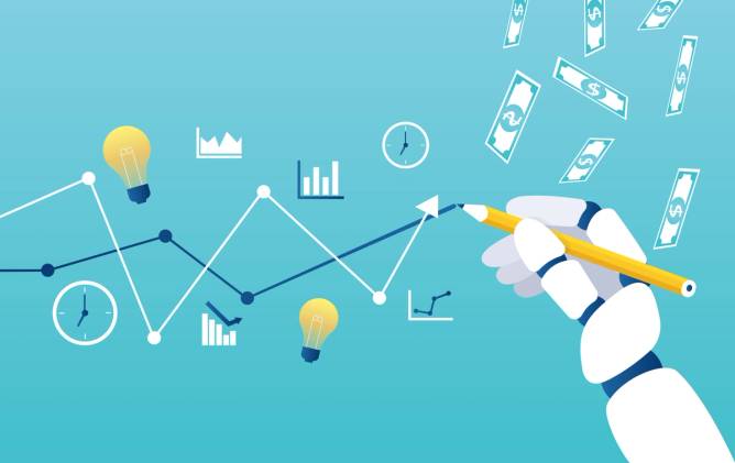 A robot hand tracing a graph of funding