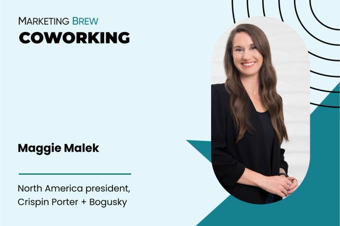 a Marketing Brew Coworking graphic with an image of Maggie Malek in front of a light blue background