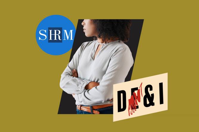A person stands with arms crossed next to the SHRM logo and DEI with the E crossed out.