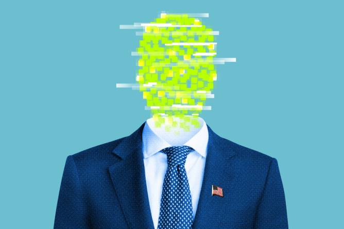 A vacant presidential suit with enigmatic AI cubes hovering in place of a head above the collar.