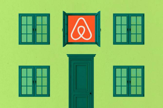 Apartment with closes windows and door, one window open with Airbnb logo.