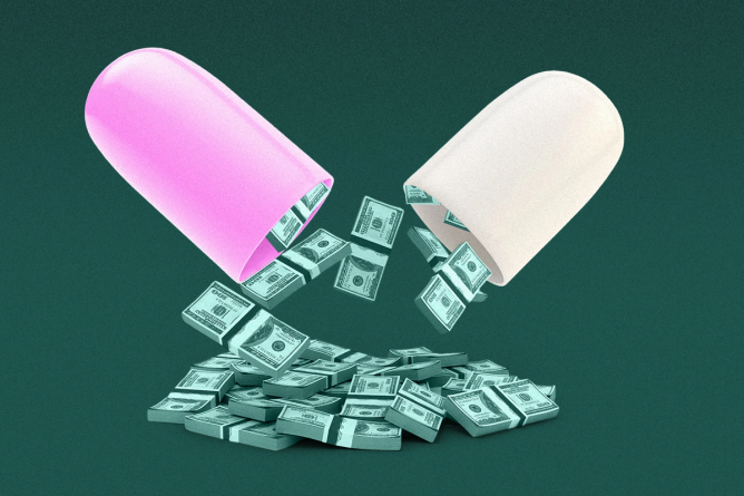 A pharmaceutical drug pill cracked open with stacks of money spilling out of it