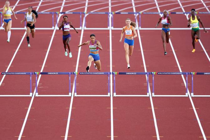 Sydney McLaughlin of Team United States competes in the Women's 400m Hurdles Final on day eight of the World Athletics Championships 
