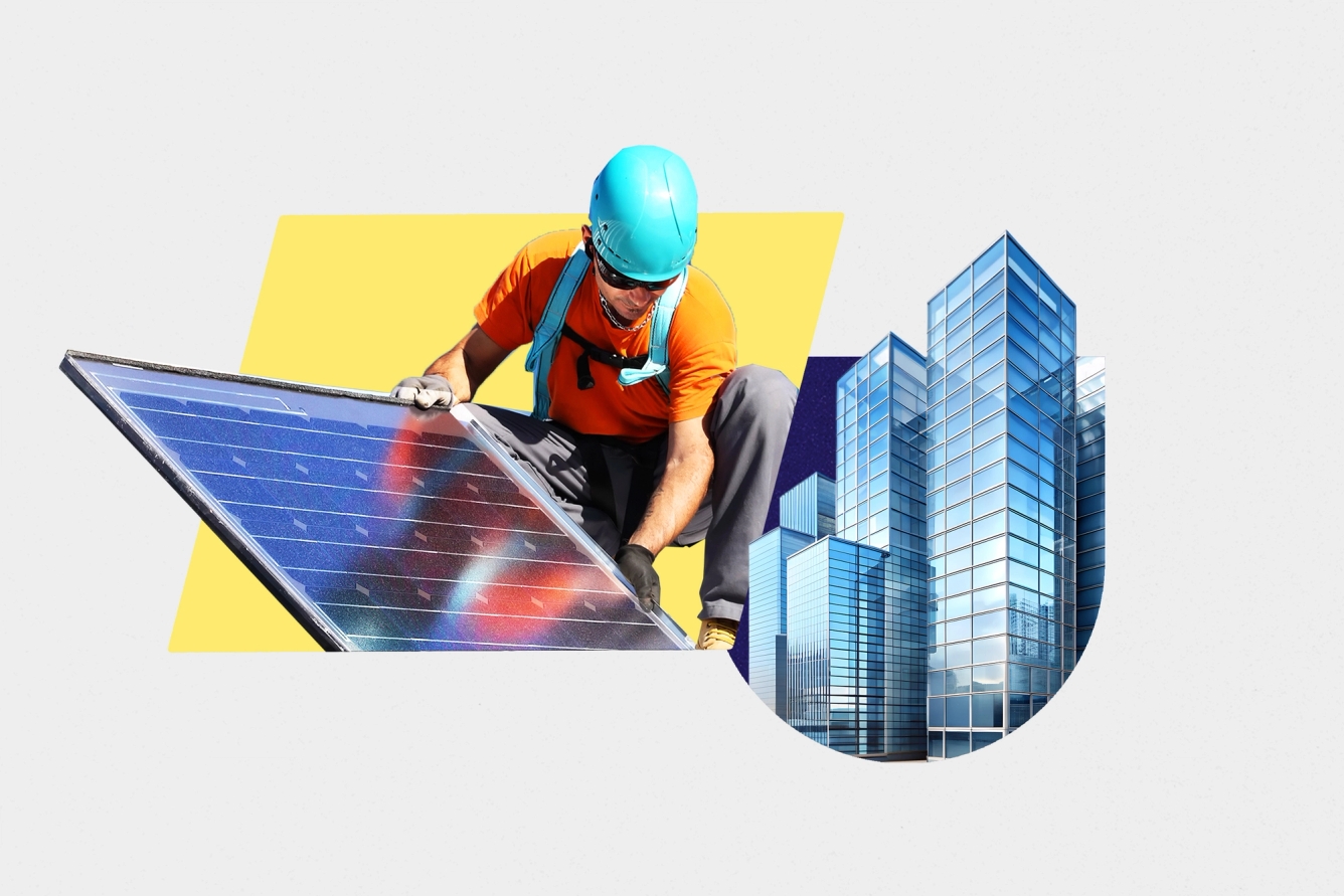 A solar power system being installed and a building.