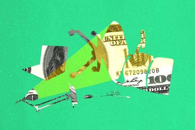 Collage of a knocked off over set up made of dollar bills.