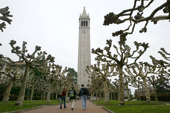 Students walk near Sather Tower on the University of California at Berkeley campus February 24, 2005 in Berkeley, California