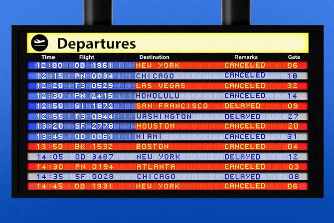 Airport departures dashboard with all flights canceled or delayed 