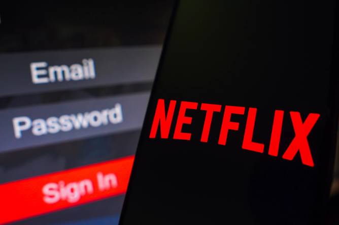 Netflix logo appears next to a separate screen requesting email and password credentials to log into the service