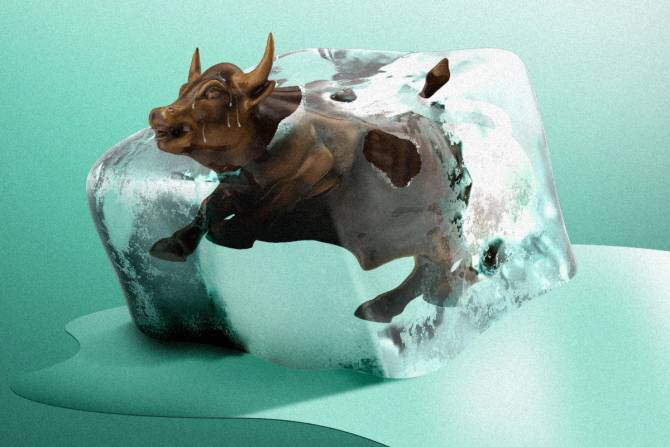 Wall Street bull in melting ice