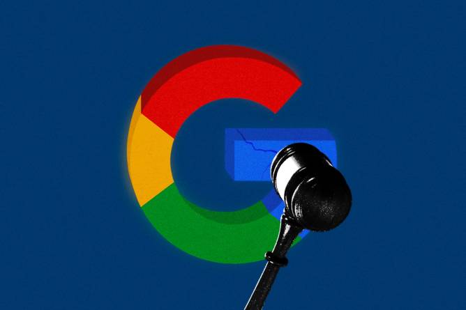 A gavel hitting Google's logo