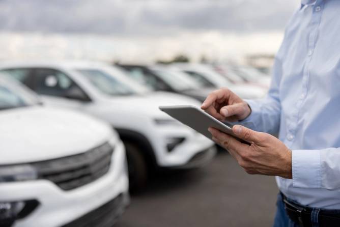 Close-up on a car salesperson using a computer tablet.