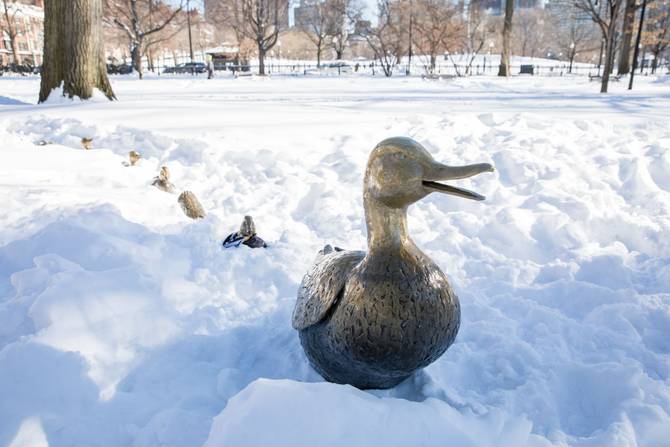 The "Make Way For Ducklings" statue after Winter Storm Kenan on January 30, 2022 in Boston, Massachusetts. 