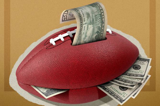 a photo of a football with money coming out of it, looking like a piggy bank