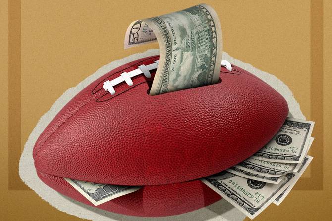 a photo of a football with money coming out of it, looking like a piggy bank