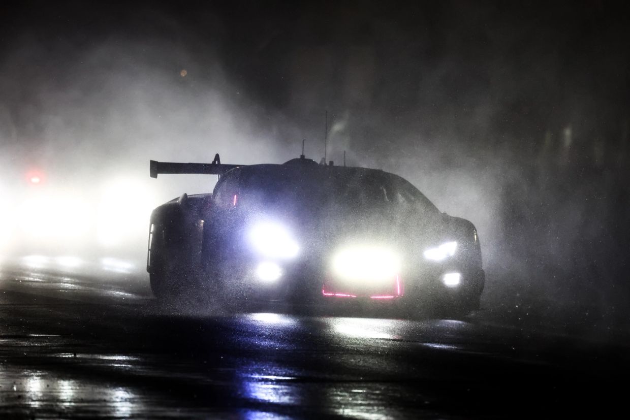 a race car at night