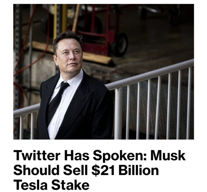 Headline saying "Twitter has spoken: Musk should sell $21 billion Tesla stake" 