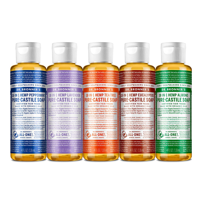 A variety of Dr. Bronner's liquid soaps. 