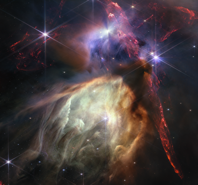 The first anniversary image from NASA's James Webb Space Telescope displays star birth like it's never been seen before, full of detailed, impressionistic texture. The subject is the Rho Ophiuchi cloud complex, the closest star-forming region to Earth. 