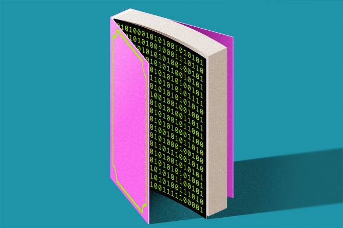 Book with page of binary code.