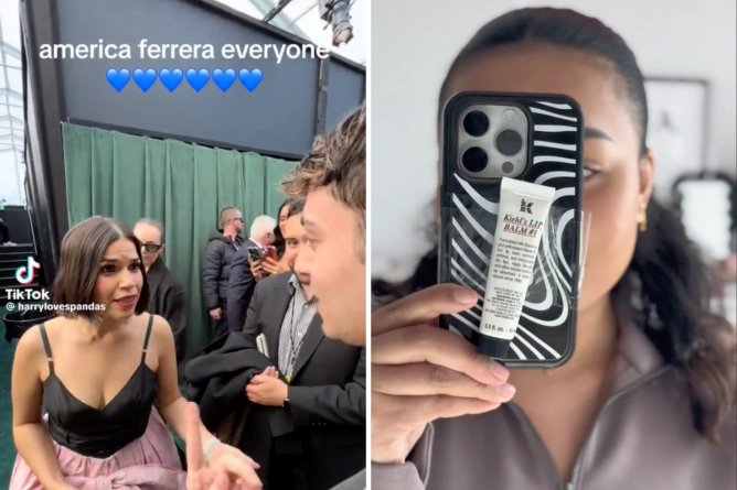 TikTok creator @harrylovespandas interviewing America Ferrara, and  @kiehls/TikTok