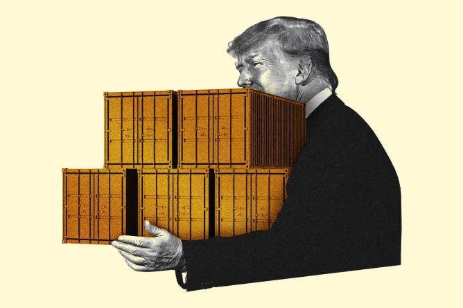 Illustration of Donald Trump holding shipping containers