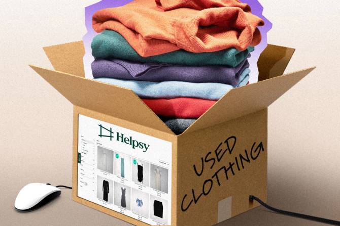 Clothes are stacked inside a shipping box that has a Helpsy page with products pasted on one side. A computer mouse is connected by a wire to the box, as if it were a computer. 