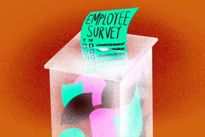 graphic designed art of a box filled with ballots with on on top being stuffed into the box labeled employee survey