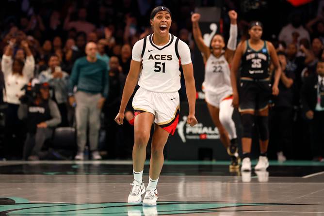 Sydney Colson #51 of the Las Vegas Aces reacts as time expires to defeat the New York Liberty during Game Four of the 2023 WNBA Finals at Barclays Center